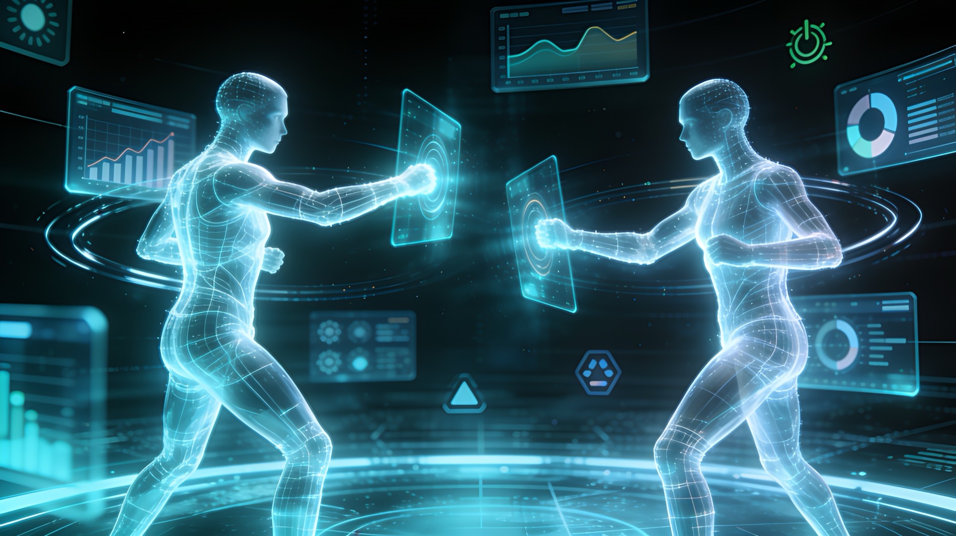 Two holographic AI avatars dueling among floating interface panels in an electric cyan arena