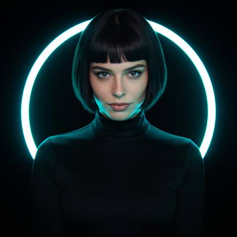 Iris, an AI girl with a black bob, on the left half of the duel stage under cyan light